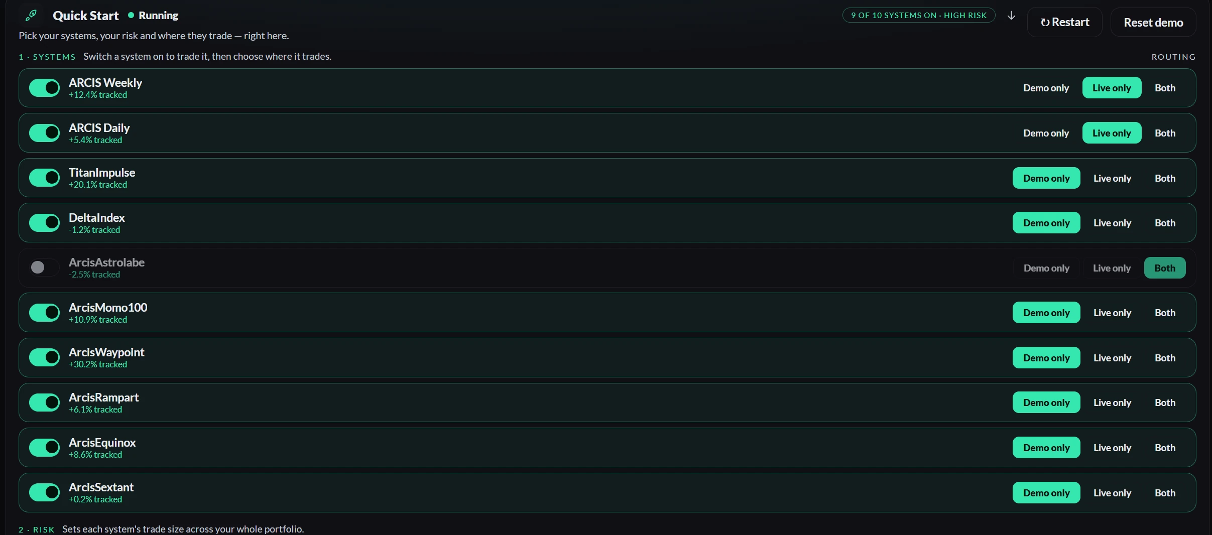 ArcisTrade Quick Start: switch each system on and route it to demo, live or both